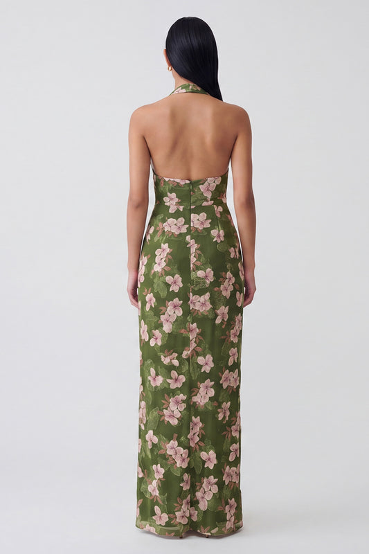 Dark Green Halter Backless Floral Long Sheath Formal Dress