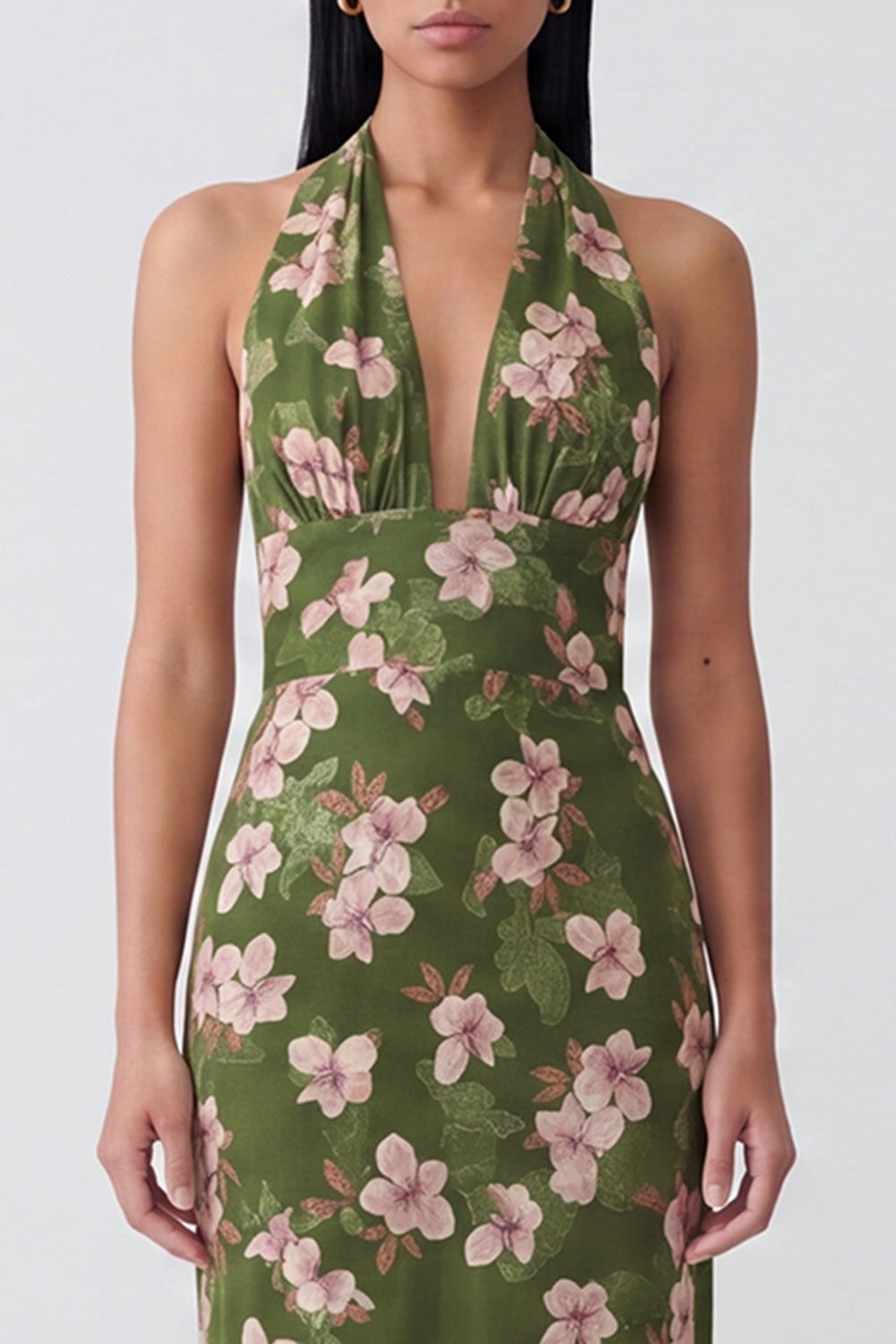 Dark Green Halter Backless Floral Long Sheath Formal Dress