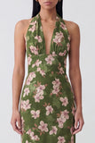 Dark Green Halter Backless Floral Long Sheath Formal Dress
