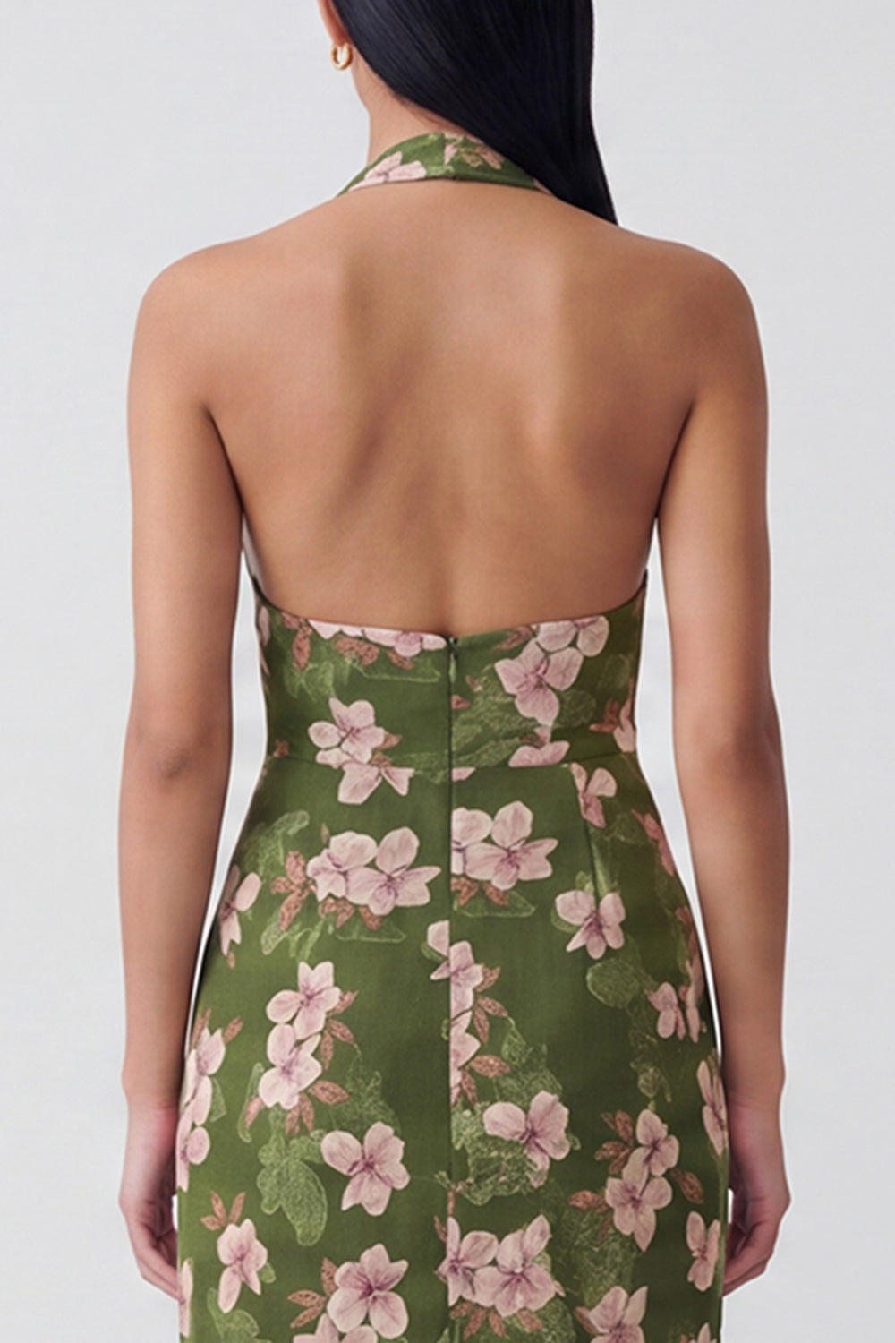 Dark Green Halter Backless Floral Long Sheath Formal Dress