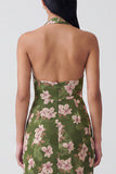 Dark Green Halter Backless Floral Long Sheath Formal Dress