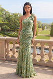 One Shoulder Ruched Dusty Green Maxi Mermaid Formal Dress with 3D Flowers