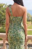 One Shoulder Ruched Dusty Green Maxi Mermaid Formal Dress with 3D Flowers