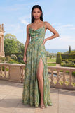 Dusty Green Ruched Spaghetti Straps Floral Maxi A Line Formal Dress with Slit
