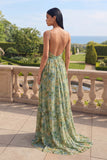Dusty Green Ruched Spaghetti Straps Floral Maxi A Line Formal Dress with Slit