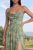 Dusty Green Ruched Spaghetti Straps Floral Maxi A Line Formal Dress with Slit