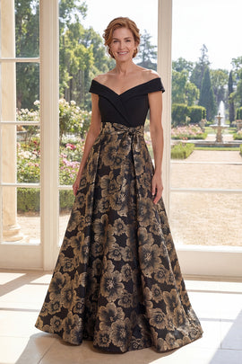 Black Floral Off the Shoulder A Line Long Mother of the Bride Dress