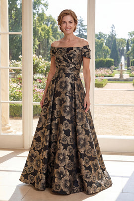 A Line Long Ruched Black Floral Off the Shoulder Mother of the Bride Dress