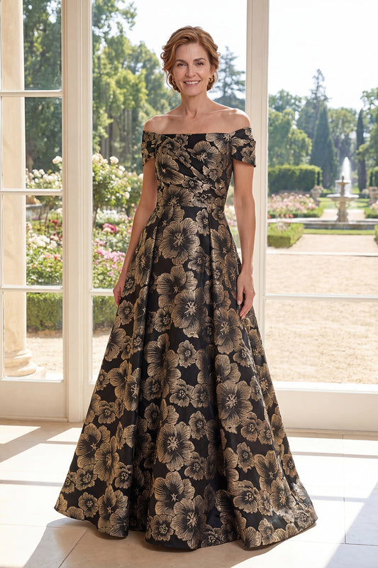 A Line Long Ruched Black Floral Off the Shoulder Mother of the Bride Dress