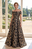 A Line Long Ruched Black Floral Off the Shoulder Mother of the Bride Dress