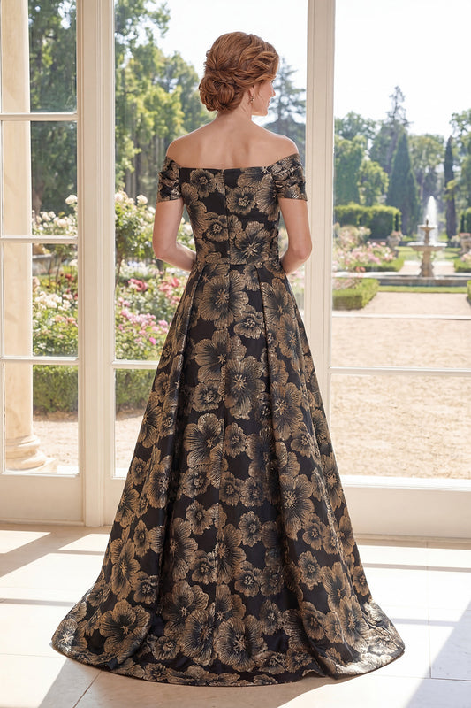 A Line Long Ruched Black Floral Off the Shoulder Mother of the Bride Dress