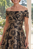 A Line Long Ruched Black Floral Off the Shoulder Mother of the Bride Dress