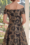 A Line Long Ruched Black Floral Off the Shoulder Mother of the Bride Dress
