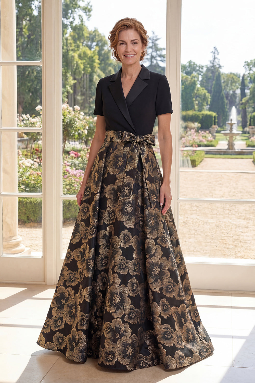 Black Floral Notched Lapel A Line Long Mother of the Bride Dress with Bow