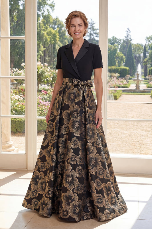 Black Floral Notched Lapel A Line Long Mother of the Bride Dress with Bow