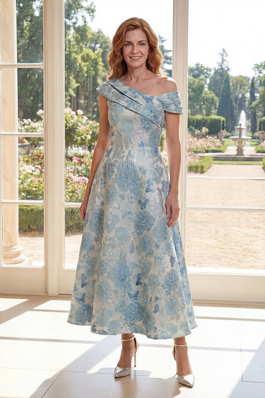 Blue Floral One Shoulder A Line Maxi Mother of the Bride Dress