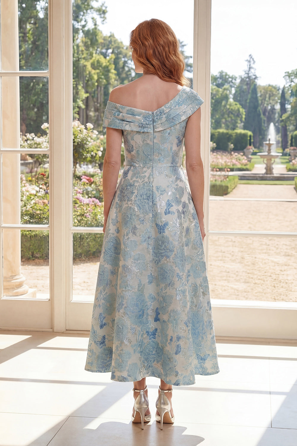 Blue Floral One Shoulder A Line Maxi Mother of the Bride Dress