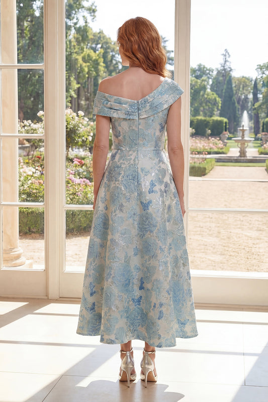 Blue Floral One Shoulder A Line Maxi Mother of the Bride Dress