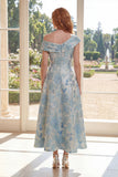 Blue Floral One Shoulder A Line Maxi Mother of the Bride Dress