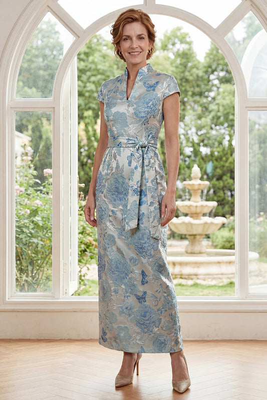 V-Neck Blue Floral Sheath Maxi Mother of the Bride Dress with Back Slit