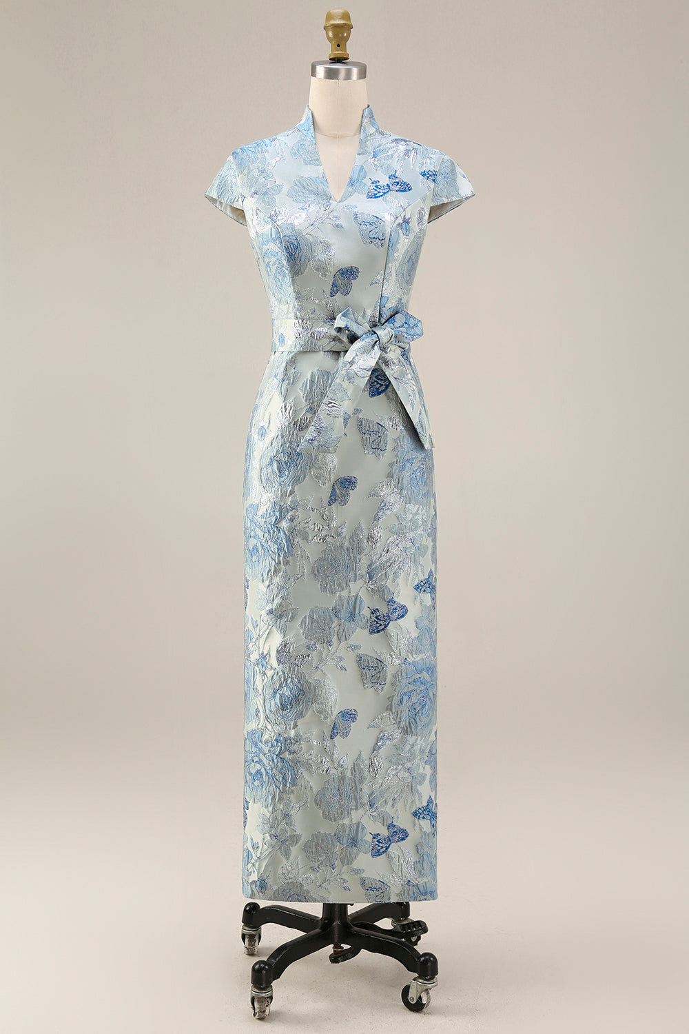 V-Neck Blue Floral Sheath Maxi Mother of the Bride Dress with Back Slit