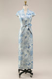 V-Neck Blue Floral Sheath Maxi Mother of the Bride Dress with Back Slit