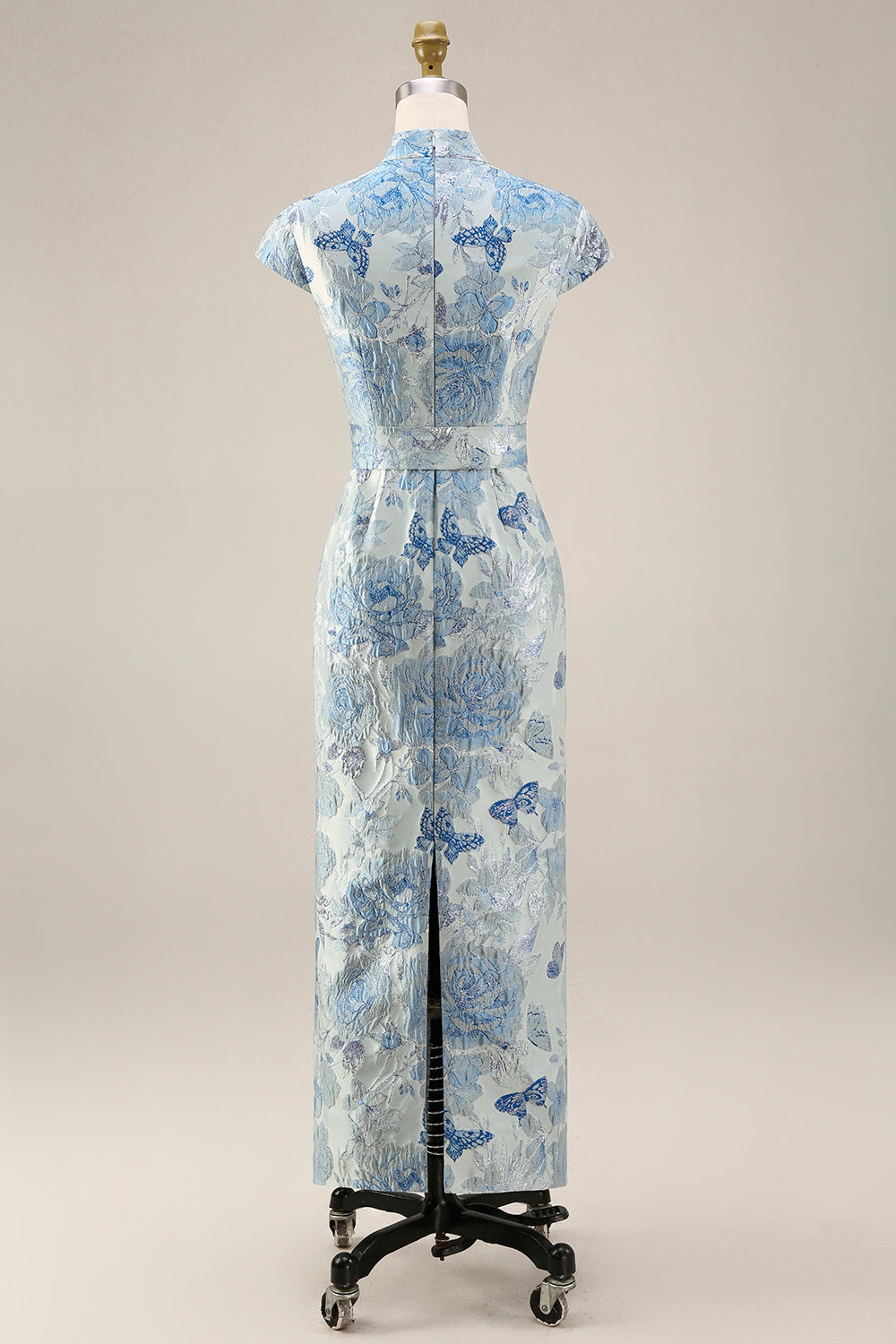 V-Neck Blue Floral Sheath Maxi Mother of the Bride Dress with Back Slit