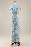V-Neck Blue Floral Sheath Maxi Mother of the Bride Dress with Back Slit