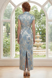 V-Neck Blue Floral Sheath Maxi Mother of the Bride Dress with Back Slit