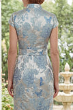 V-Neck Blue Floral Sheath Maxi Mother of the Bride Dress with Back Slit