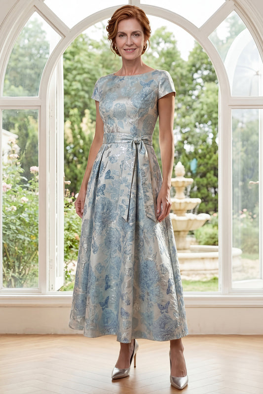 Boat Neck Blue Floral A Line Short Sleeves Maxi Mother of the Bride Dress