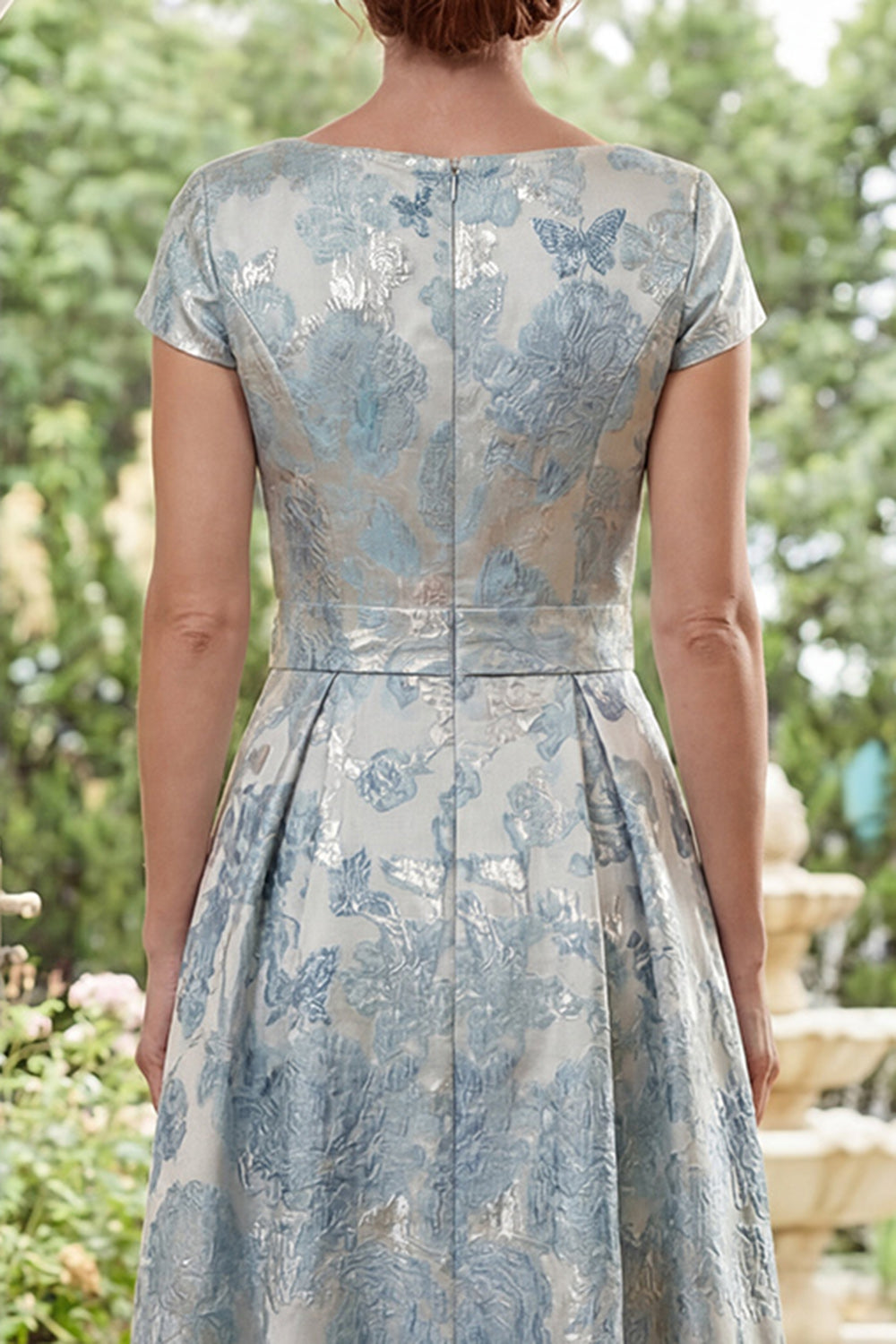 Boat Neck Blue Floral A Line Short Sleeves Maxi Mother of the Bride Dress