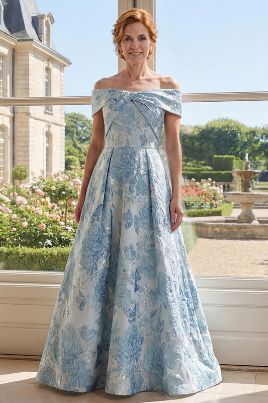 Blue Floral A Line Long Off the Shoulder Mother of the Bride Dress