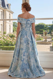 Blue Floral A Line Long Off the Shoulder Mother of the Bride Dress