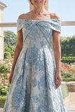 Blue Floral A Line Long Off the Shoulder Mother of the Bride Dress