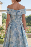 Blue Floral A Line Long Off the Shoulder Mother of the Bride Dress