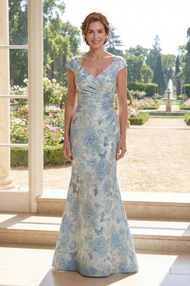Cap Sleeves Blue Floral Ruched Mermaid Long Mother of the Bride Dress