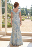 Cap Sleeves Blue Floral Ruched Mermaid Long Mother of the Bride Dress