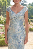 Cap Sleeves Blue Floral Ruched Mermaid Long Mother of the Bride Dress