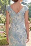 Cap Sleeves Blue Floral Ruched Mermaid Long Mother of the Bride Dress