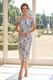 Bodycon Dusty Blue Floral Midi Off the Shoulder Mother of the Bride Dress