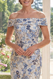 Bodycon Dusty Blue Floral Midi Off the Shoulder Mother of the Bride Dress