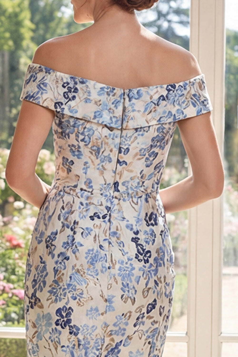 Bodycon Dusty Blue Floral Midi Off the Shoulder Mother of the Bride Dress