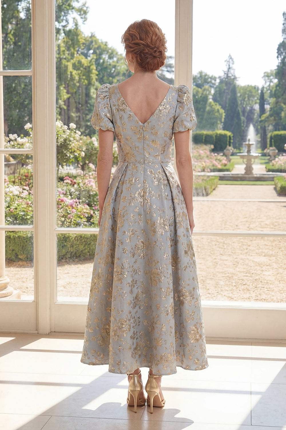 Puff Sleeves Dusty Blue Floral A Line V-Neck Maxi Mother of the Bride Dress