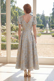 Puff Sleeves Dusty Blue Floral A Line V-Neck Maxi Mother of the Bride Dress