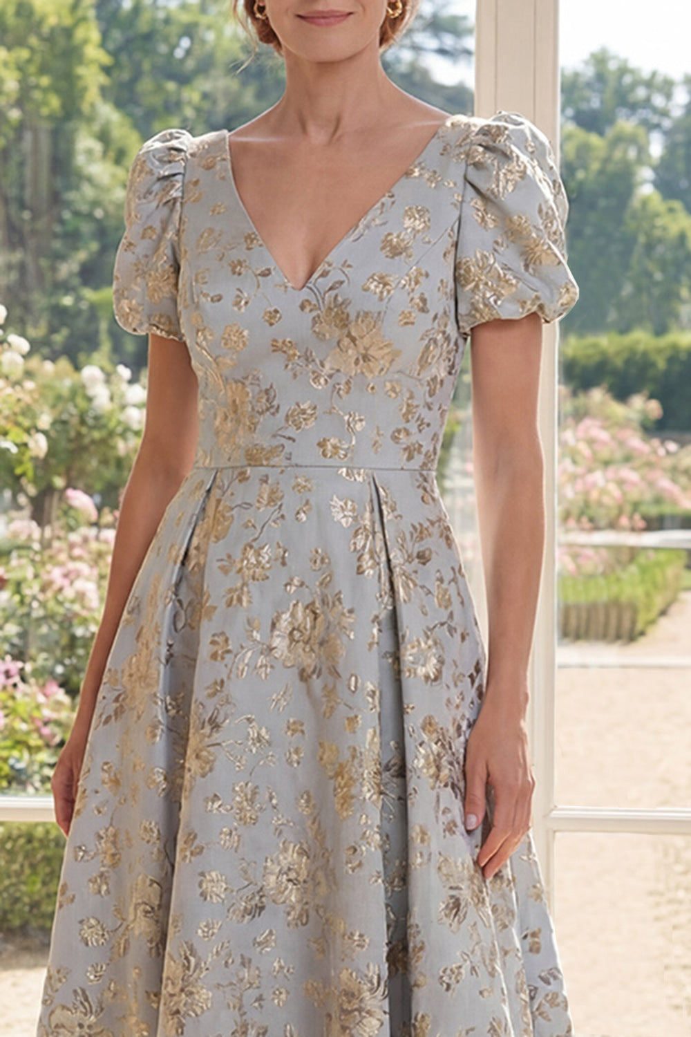 Puff Sleeves Dusty Blue Floral A Line V-Neck Maxi Mother of the Bride Dress
