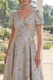 Puff Sleeves Dusty Blue Floral A Line V-Neck Maxi Mother of the Bride Dress