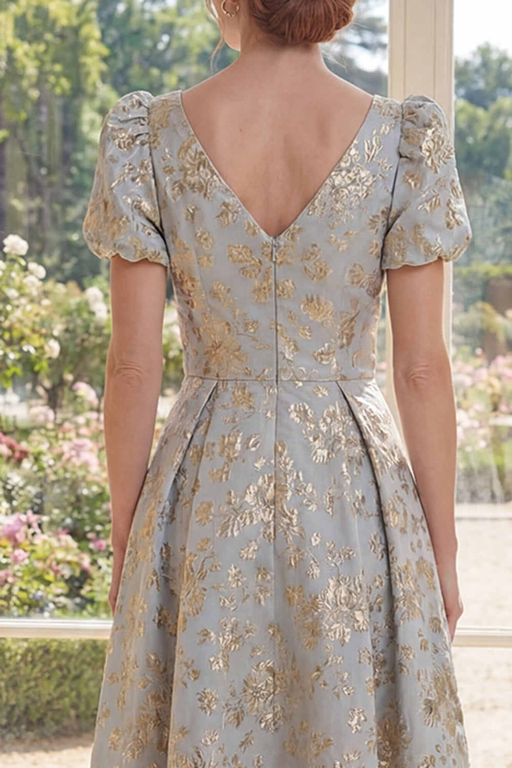 Puff Sleeves Dusty Blue Floral A Line V-Neck Maxi Mother of the Bride Dress