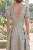 Puff Sleeves Dusty Blue Floral A Line V-Neck Maxi Mother of the Bride Dress