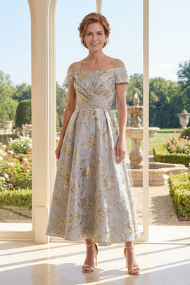 Ruched Dusty Blue Off the Shoulder Floral A Line Maxi Mother of the Bride Dress